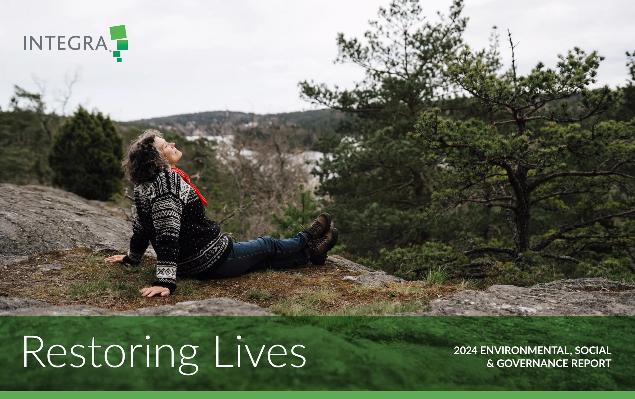 Woman sitting on mountain. Text reads: Restoring lives. 2024 Environmental, social, & governance report