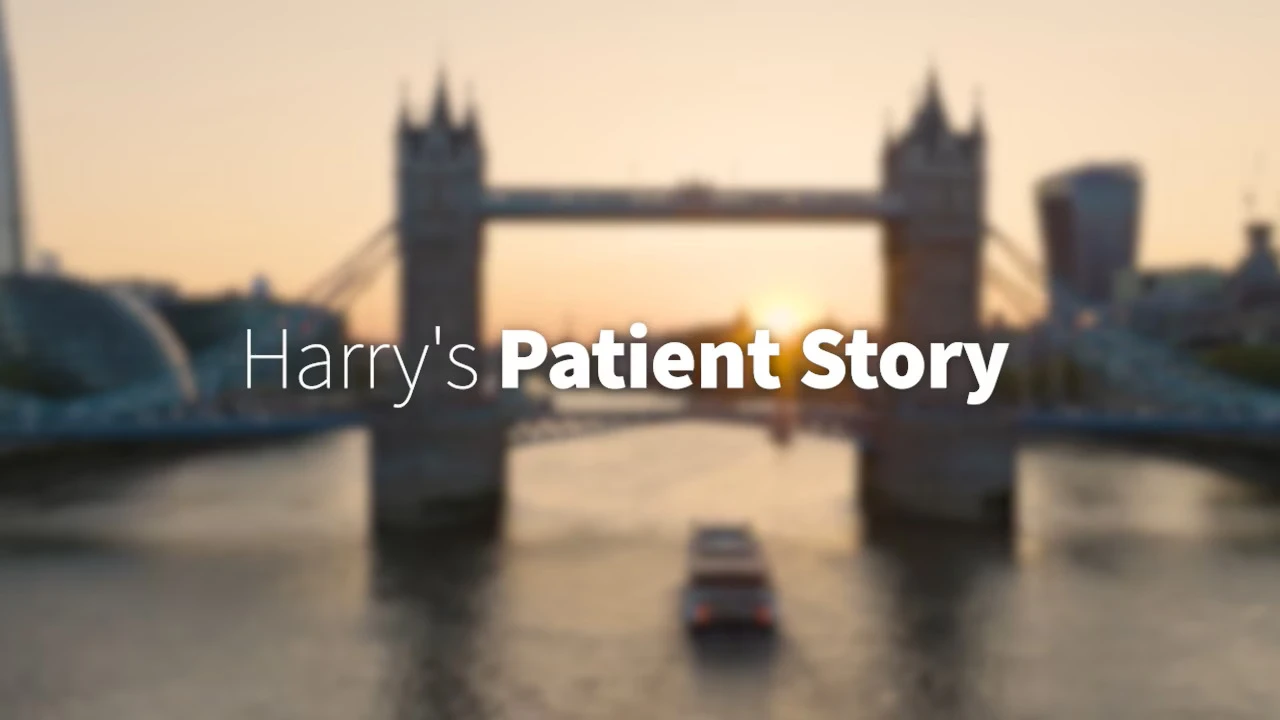 Bridge in London blurred out with "Harry's Patient Story" text on top of it.